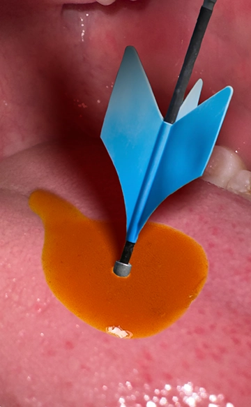 close-up of the sauce on the tongue