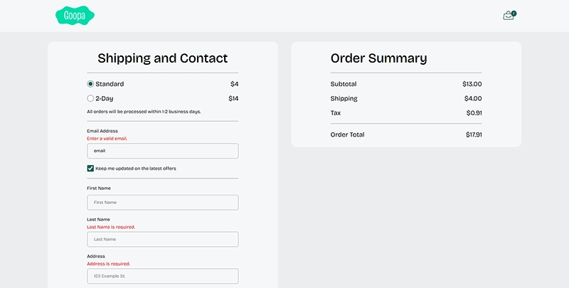 Goopa checkout page
