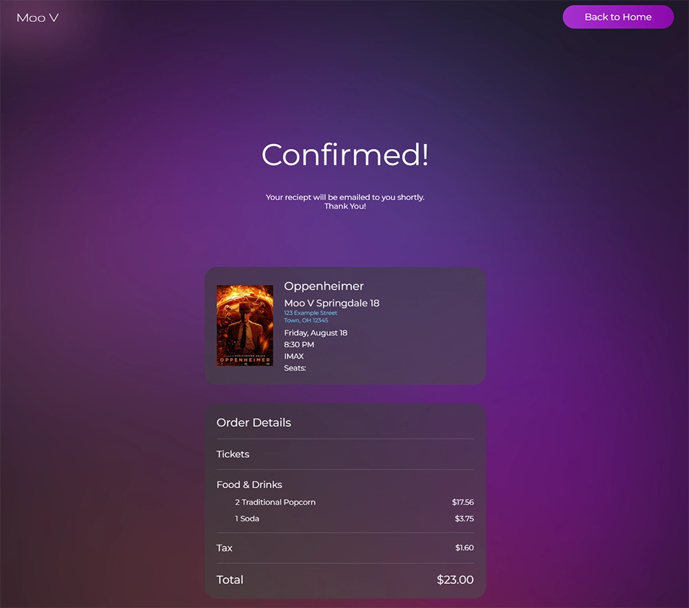 Confirmation page for Moo V