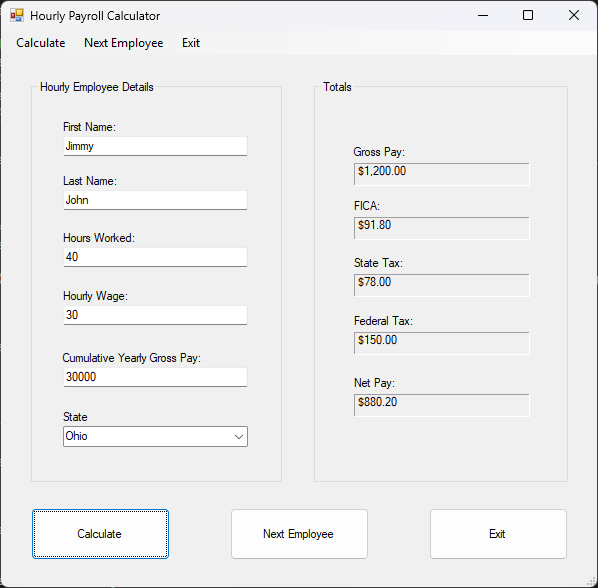 Hourly employee page filled with data