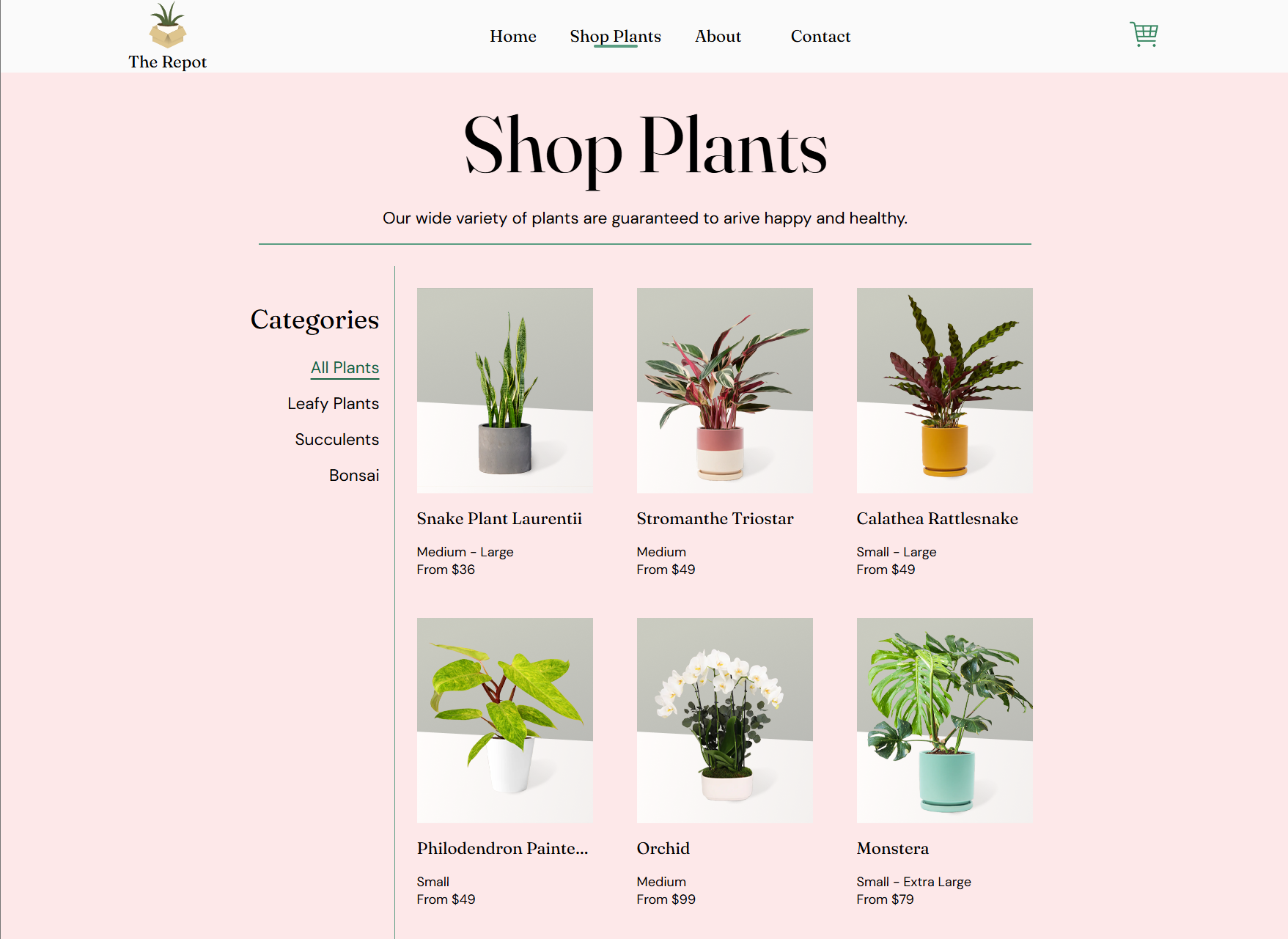 The products page of The Repot